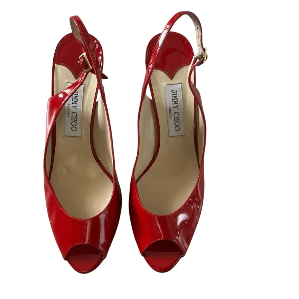 Jimmy Choo nova red patent leather Clue peep toe slingback platform shoes 40